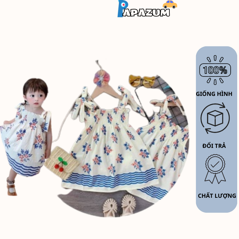 Váy body cho bé gái màu trắng tơ bèo 2S buộc dây phối họa tiết hoa xanh PAPAZUM AB9020