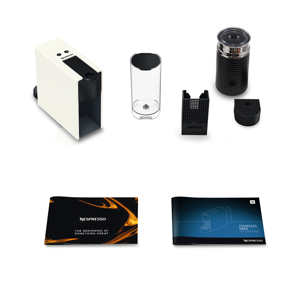 Bộ máy pha cà phê Nespresso Essenza Mini - Trắng & máy đánh sữa Aeroccino 3
