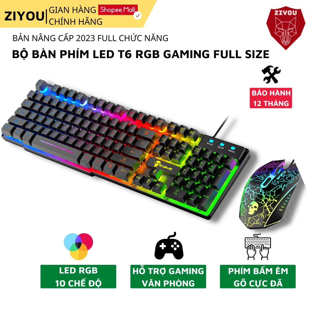 Bộ Bàn Phím Gaming Có Dây Ziyou T6 RGB Led 10 Hiệu Ứng, Bấm Êm Chống Nước Cho Máy Tính, Laptop, PC