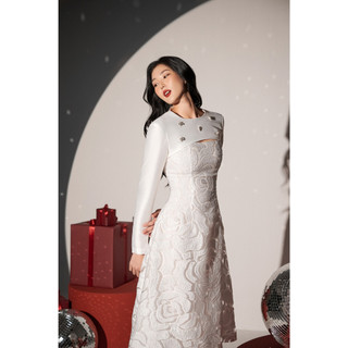 CAROLINE DRESS - VÁY DÀI TAY TRẮNG HỌA TIẾT DẬP CHÌM CAO CẤP