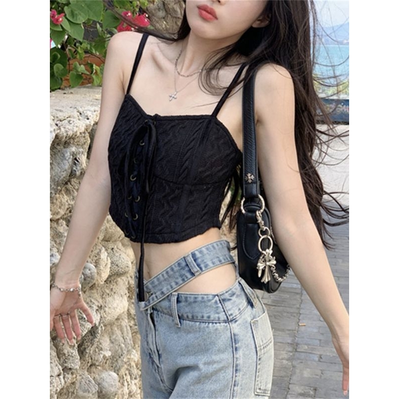 Gaeul store- áo 2 dây len pha nhung đan dây cá tính