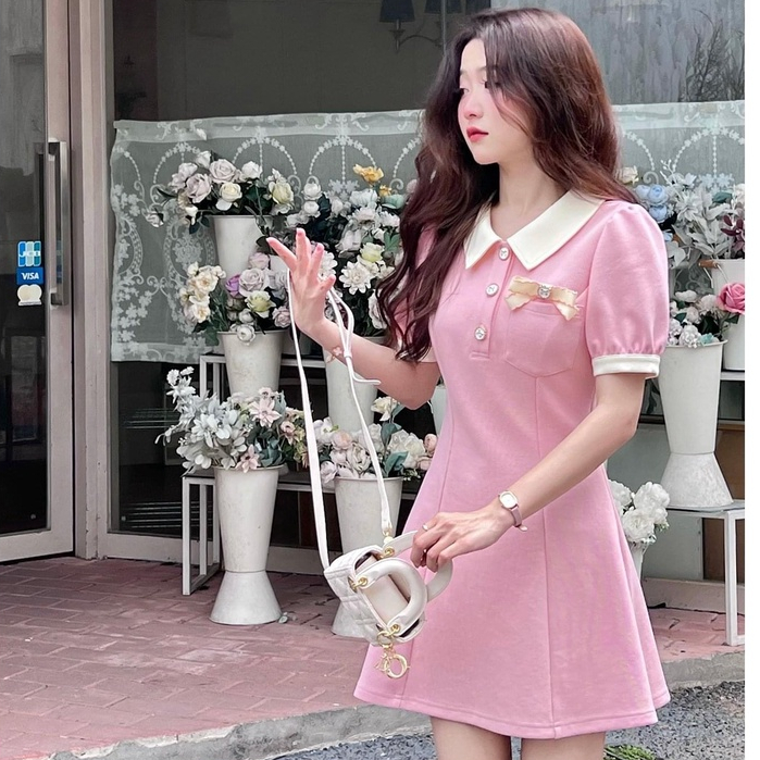Váy nữ phối nút cổ sơ mi tay ngắn thời trang nữ tiểu thư đầm dự tiệc nữ sang chảnh