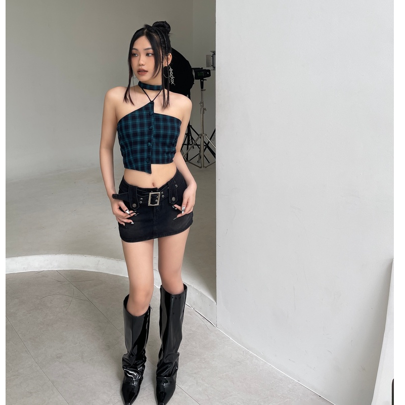 Chân váy Jean đen ngắn kèm belt vải - Black Jean Mini Skirt - DEPASS