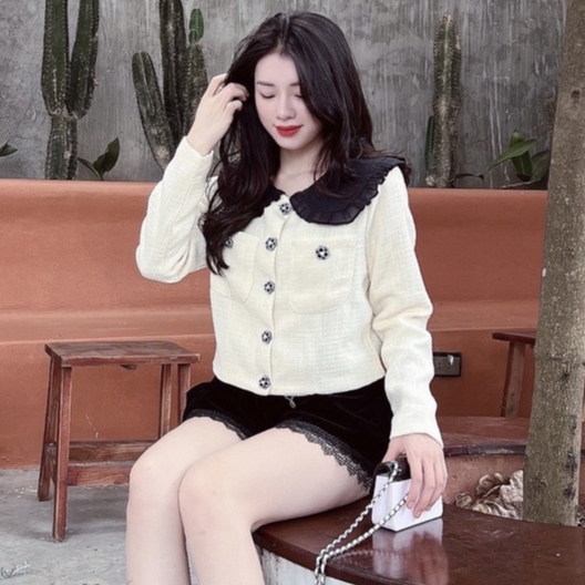 Áo dạ tweed nữ dài tay A.412, Áo khoác dạ trắng kem cổ bèo đen nữ tính phong cách Hàn Quốc - Shop Chấm Bi