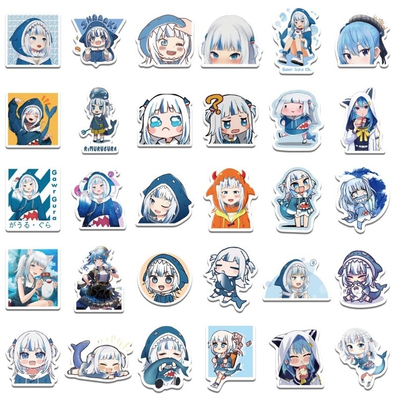 Set combo 50 miếng dán sticker anime Hololive Gawr Gura dán nón mũ bảo hiểm laptop vali sổ tay đàn guitar điện thoại