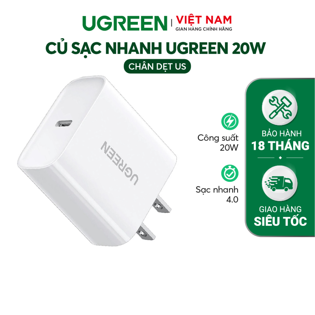 Củ sạc Nhanh UGREEN 20W CD137 QC4.0 QC3.0| USB Type C| Sạc Nhanh PD |Bảo hành 18 tháng 1 đổi 1