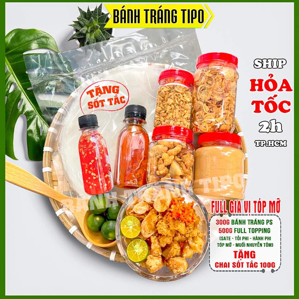 COMBO Bánh Tráng Full Topping - Bánh tráng phơi sương muối nhuyễn hành phi - Sate Cay - Tóp mỡ mắm tỏi - BÁNH TRÁNG TIPO
