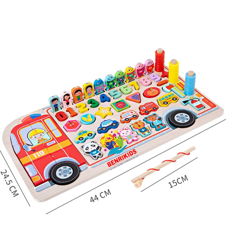 Bộ Bảng Gỗ Câu Cá 7 trong 1 Ghép Hình Ô Tô, Chữ Số, Hoa Quả, Phương Tiện, Hình Khối Benrikids