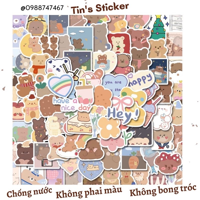 Set combo 90 miếng dán sticker gấu cute dán nón mũ bảo hiểm laptop vali sổ tay đàn guitar điện thoại tủ lạnh xe máy