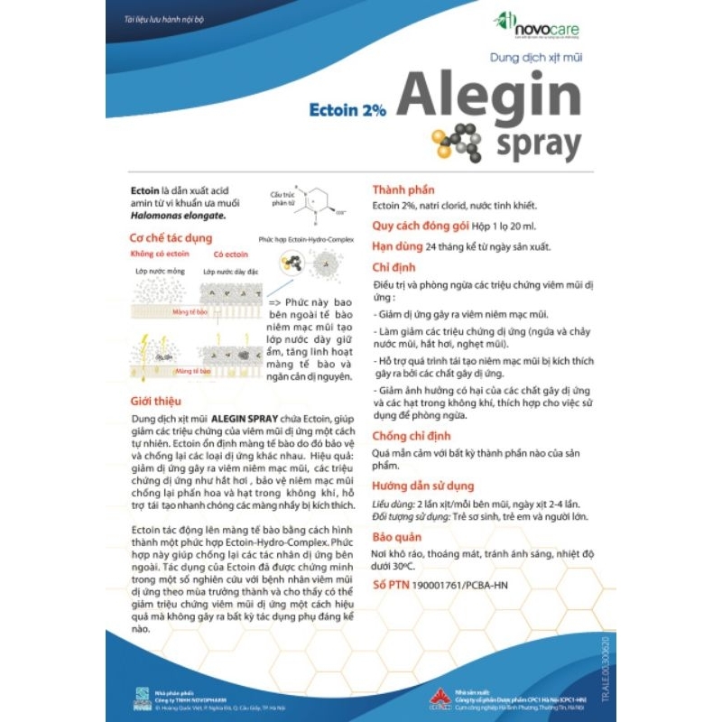 Xịt mũi Alegin Spray chứa Ectoin 2% an toàn cho trẻ sơ sinh và phụ nữ có thai
