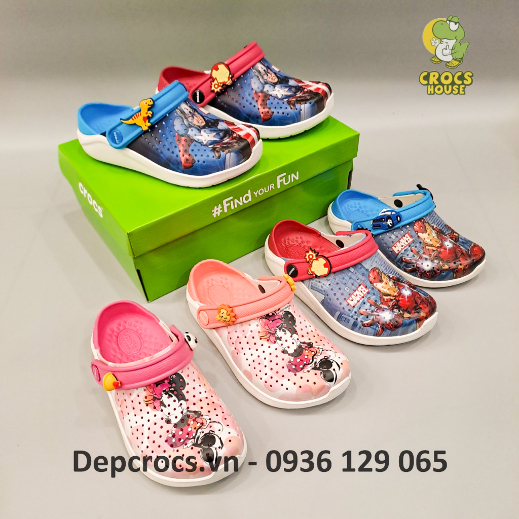 Dép sục crocs literide kids in hình siêu nhân iron man và captain nhựa êm chân tặng kèm stickers 2d gắn dép