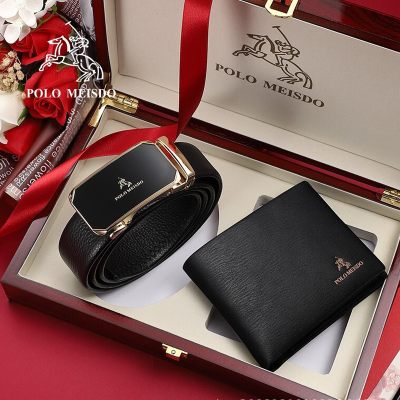 Bộ quà tặng lịch lãm cho nam thắt lưng nam, ví da nam thương hiệu Polo Meisdo TV05, kèm hộp gỗ cao cấp