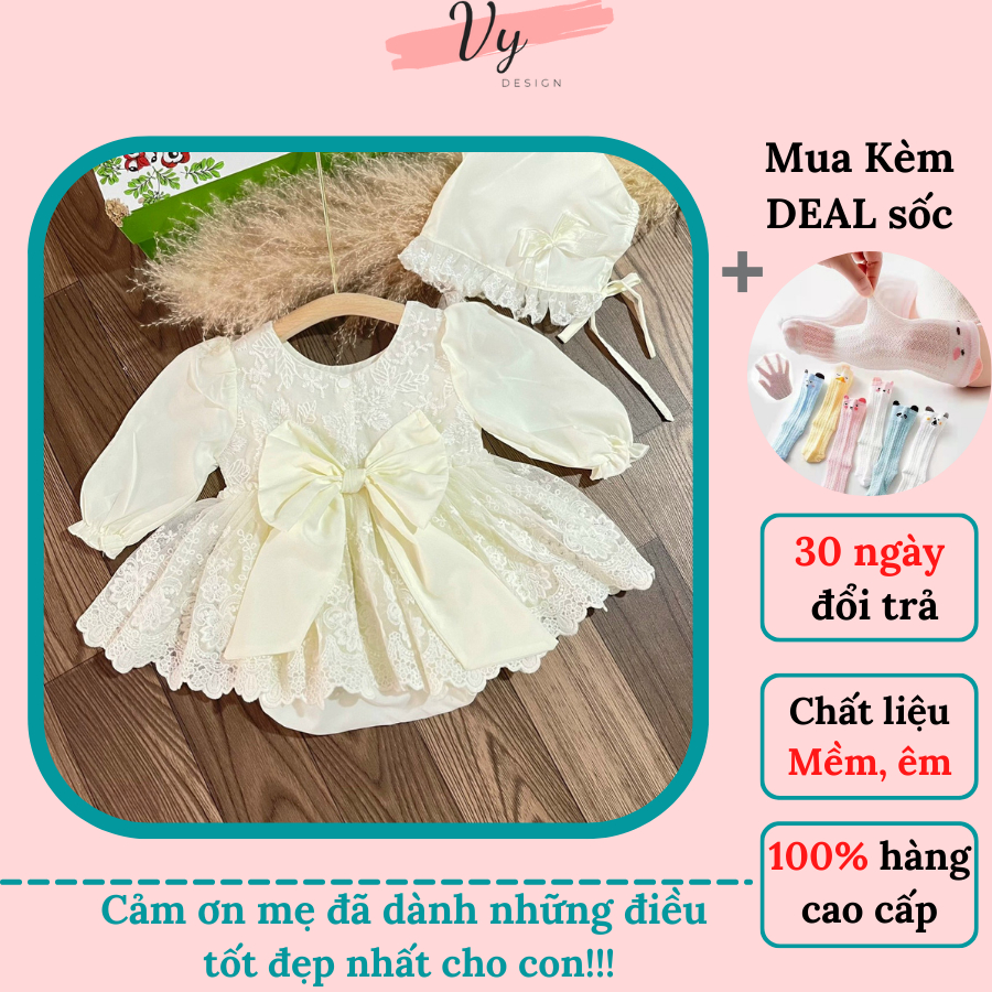Váy Bé Gái Sơ Sinh VY DESIGN. Váy Thiết Kế Cho Bé Cao Cấp, Chất Mềm, Kèm Phụ Kiện, Đầm Đầy Tháng, Váy Sơ Sinh