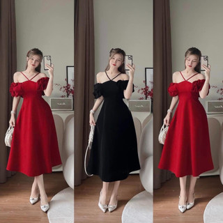 Đầm nhung xòe dài dây yếm tay nhún phồng chibest hdc012