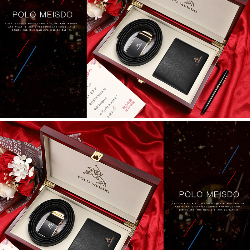 Bộ quà tặng lịch lãm cho nam thắt lưng nam, ví da nam thương hiệu Polo Meisdo TV05, kèm hộp gỗ cao cấp