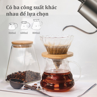 Bình cà phê thủy tinh v60 khung phễu gỗ cốc giấy cốc cà phê dung tích 360ml / 600ml / 800ml