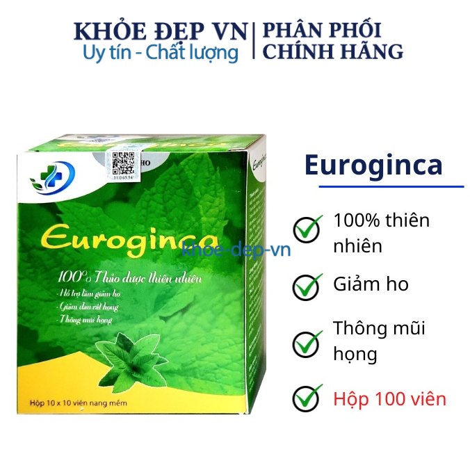 Viên uống Euroginca  thảo dược tự nhiên giúp giảm ho, đau rát họng, thông mũi họng – hộp 100 viên nang mềm