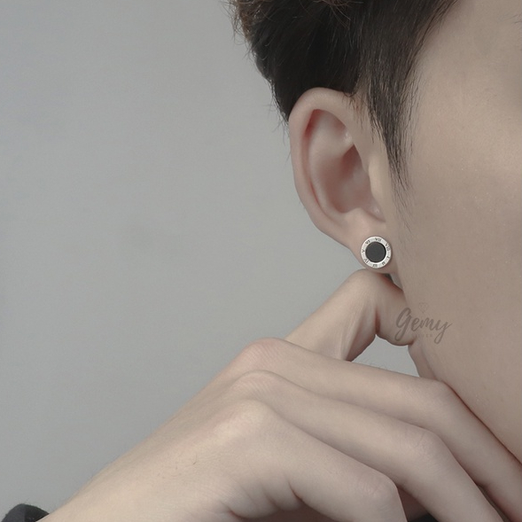 Khuyên tai nam bông bạc 925 mặt đá đen khắc số la mã Latin Numbers độc đáo, cá tính, unisex (1 chiếc)| GEMY SILVER KN40