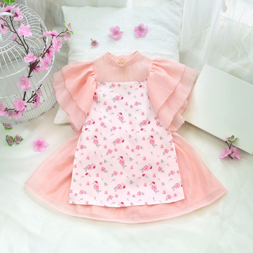 Áo Dài Cho Bé Gái Cách Tân Họa Tiết Hoa Sen Tay Bồng Chất Tơ Óng Mềm Mại Màu Sắc Nhẹ Nhàng 8 - 32Kg