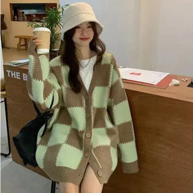 áo cardigan len nữ,áo len hồng phong cách hàn quốc,Áo cardigan dài tay kẻ sọc giản dị phong cách retro