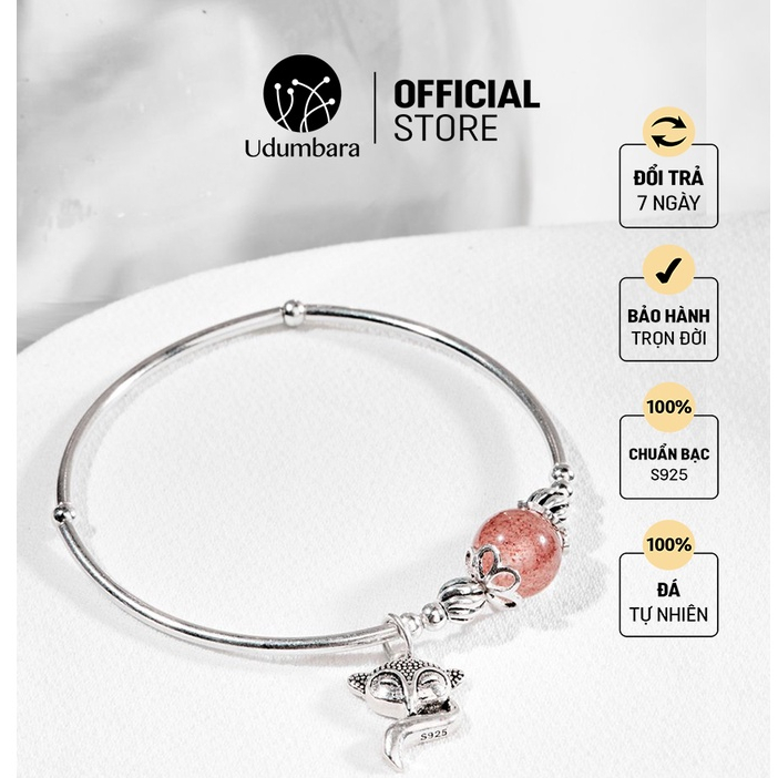 Lắc tay bạc nữ đá thạch anh dâu hồng charm hồ ly S925 may mắn bình an phong thủy Udum quà biếu tặng sang trọng