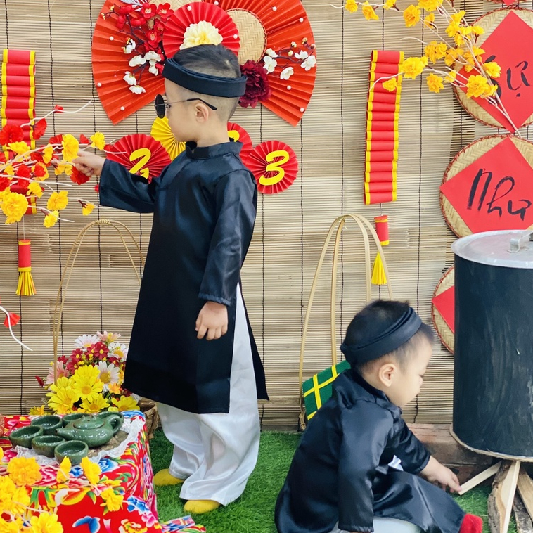 🍄  Trang Phục Áo Dài Của Thầy Đồ + Khăn Xếp Cho Bé Mầm Non Siêu Dễ Thương. Quần Áo Dài Ông Đồ, Thầy Bói Nhí