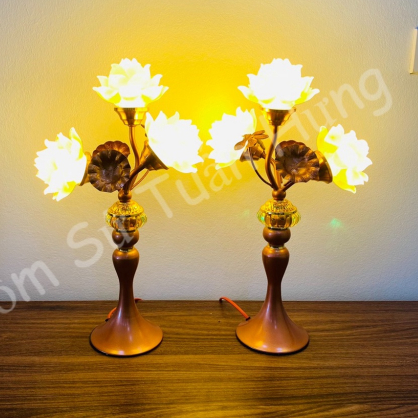 Đèn thờ hoa sen, Đèn hoa sen lưu ly và bông led siêu bền siêu sáng, bầu phale đổi màu cao cấp cao 45cm