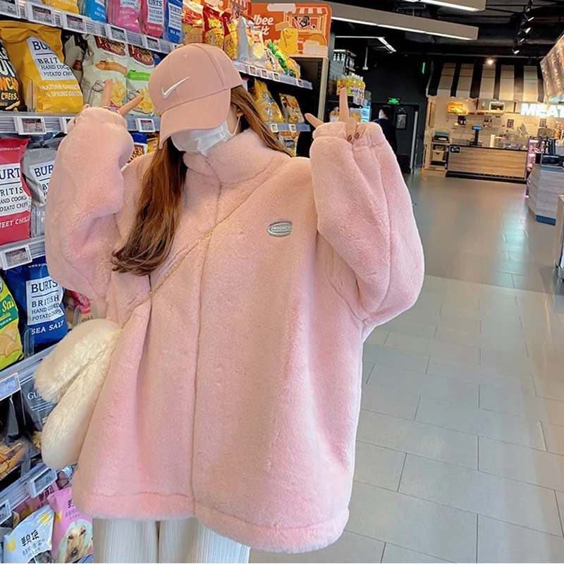 Áo lông LOGO hồng trắng  Áo khoác ngoài form rộng unisex phong cách trẻ trung xuongmaythuhien