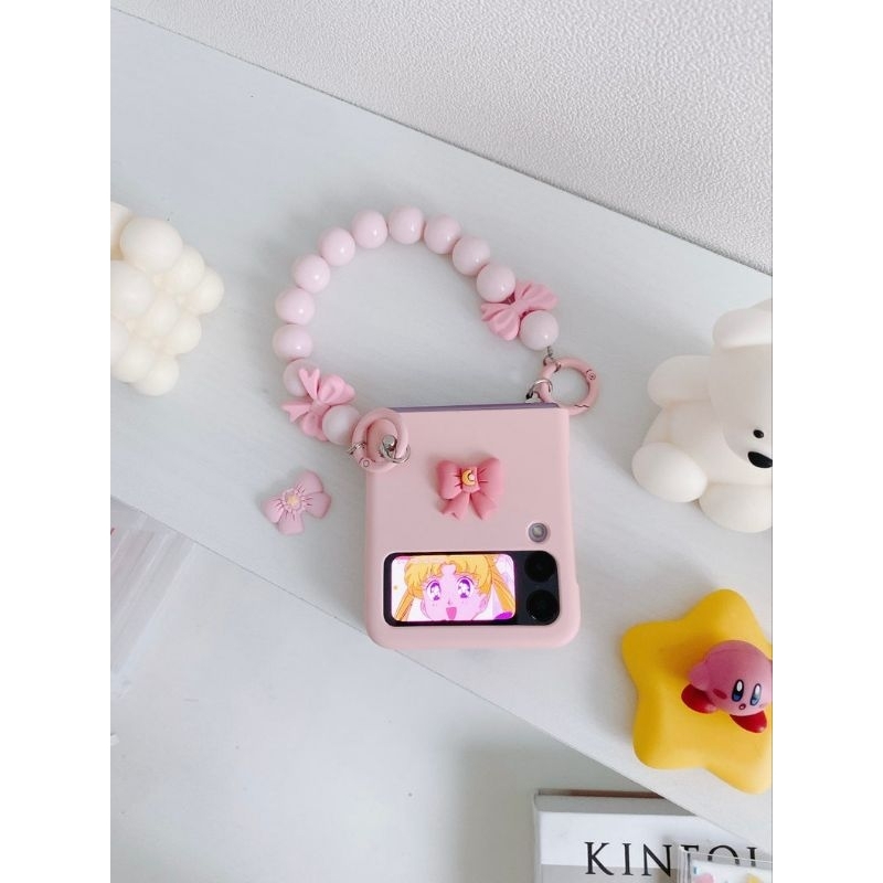 Ốp Z Flip 4 - Z Flip 3 - Z Flip3 - Flip4 5G hồng pastel charm dễ thương kèm dây hạt nơ tiểu thư xinh xắn