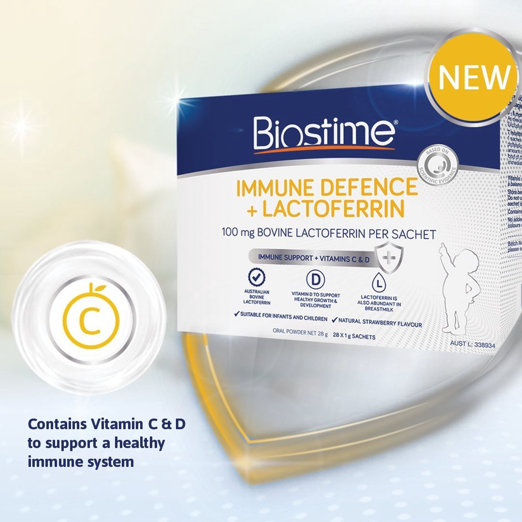 Biostime Immune Defence + Lactoferrin, tăng cường đề kháng, hương dâu hộp 28 gói 2g