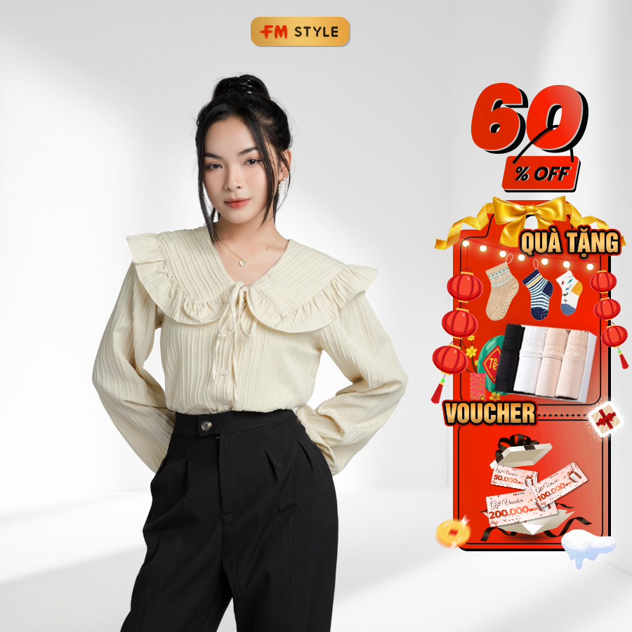 Áo sơ mi nữ FM STYLE kiểu xốp sọc gân cổ bèo thắt nơ thời trang thiết kế phong cách tiểu thư xinh xắn 22120820