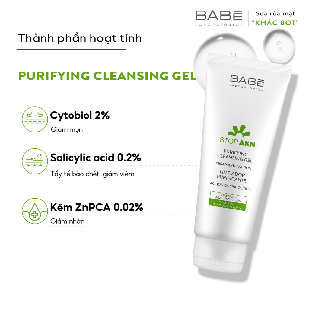 Sữa rửa mặt BABÉ Stop Akn Purifying Cleansing gel cho da dầu mụn 100ml | BigBuy360 - bigbuy360.vn