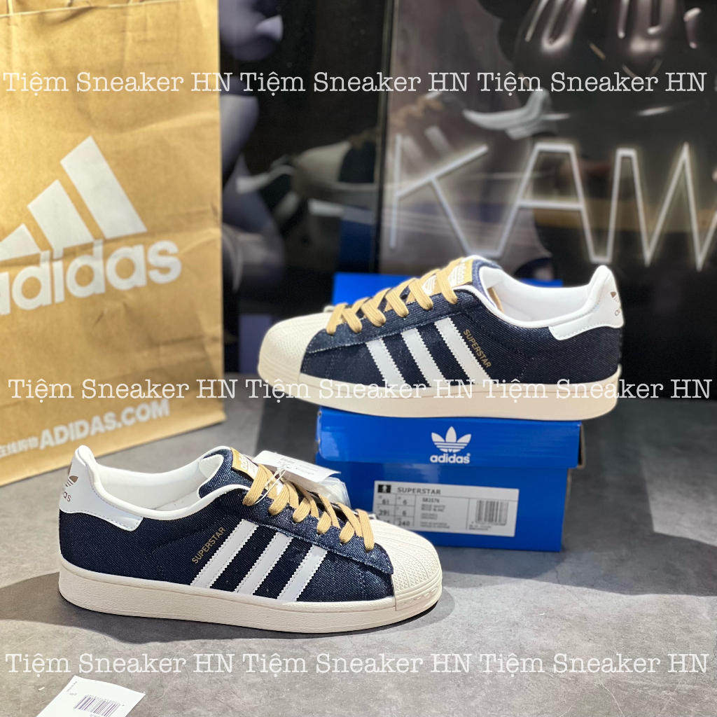 Giày Thể Thao  Adidas Superstar Navy White Giày Vải Da Bò Dây Vàng