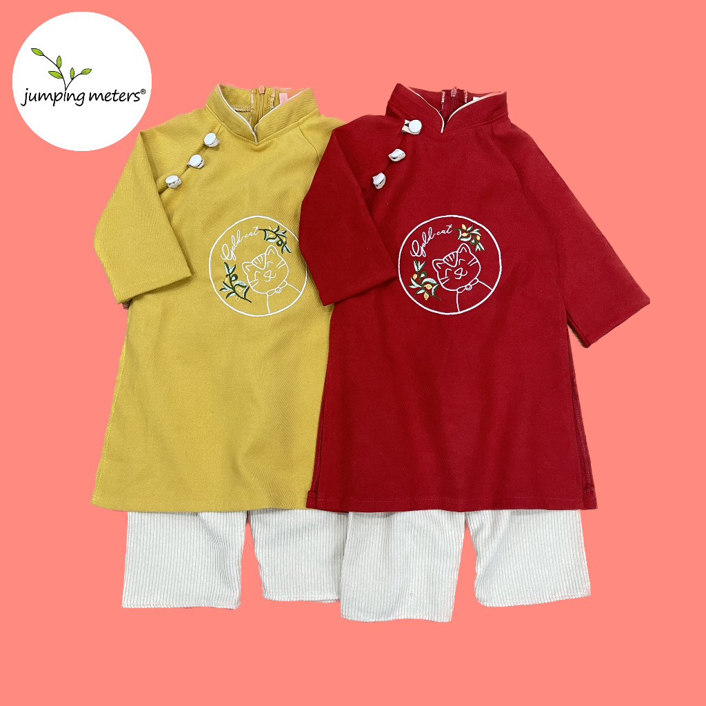 Áo Dài Cách Tân + Quần Cho Bé Chất Liệu Nhung Tăm Thêu Mèo Dễ Thương Jumping Meters AD03 Mẫu Mới 2023