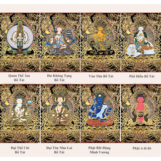 Tranh phật thangka nhũ vàng 8 Vị Phật Bản Mệnh Phù Hộ  size 40x58cm không khung, không kèm nhũ và keo