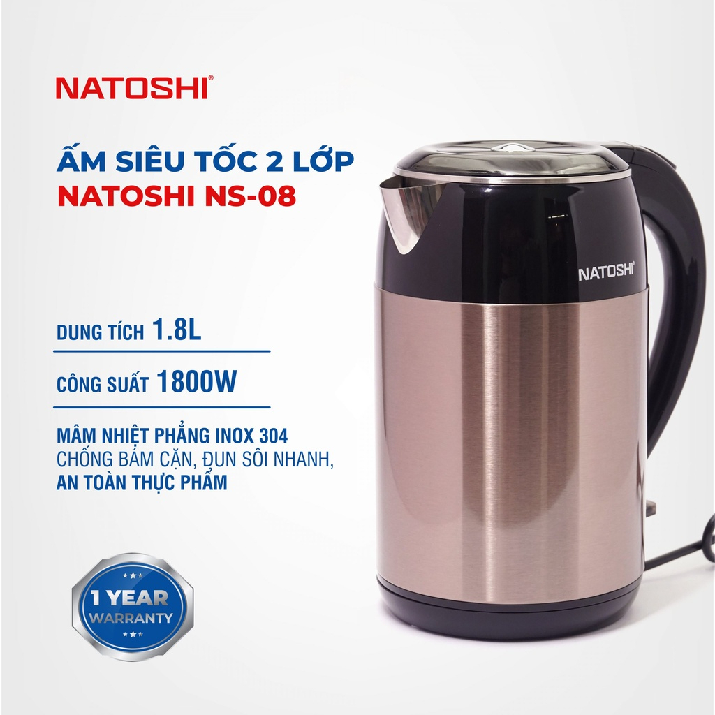 Ấm siêu tốc, bình đun nước siêu tốc Natoshi N08, inox 304 siêu bền, công suất 1800W, bảo hành 12 tháng
