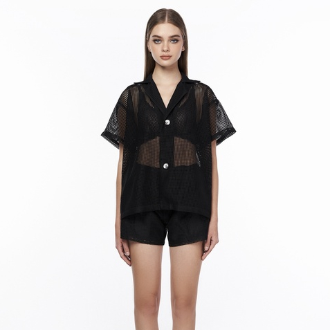 Áo sơ mi lưới tay ngắn, màu đen, là min - BLACK NET SHIRT