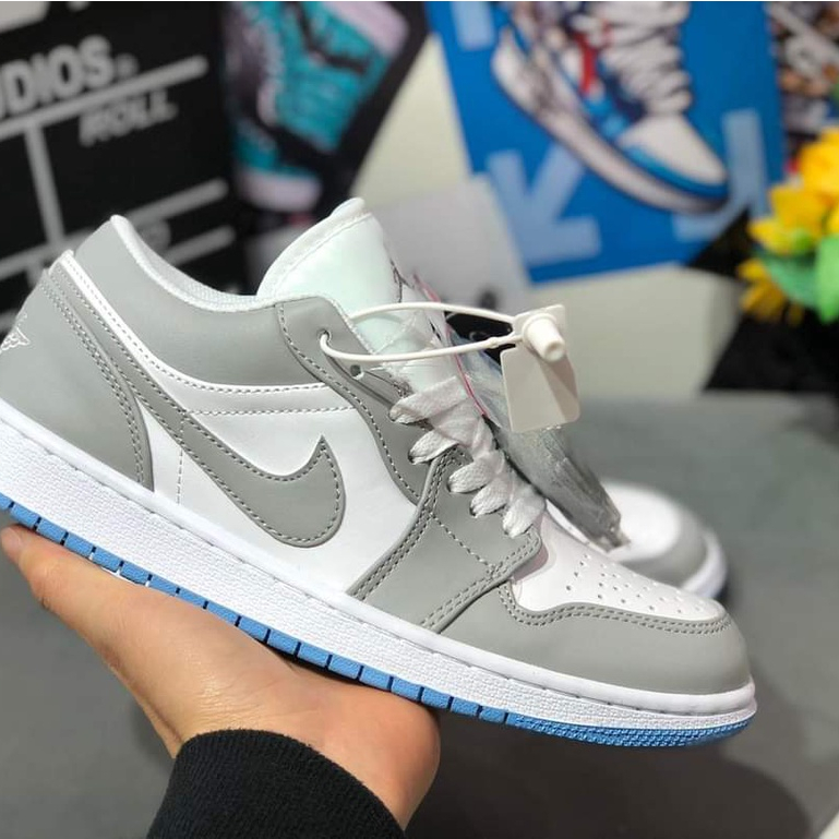 Giày Jordan xám trắng đế xanh, Giày Jordan 1 cổ thấp JD grey xám đế xanh bản đẹp full box bill