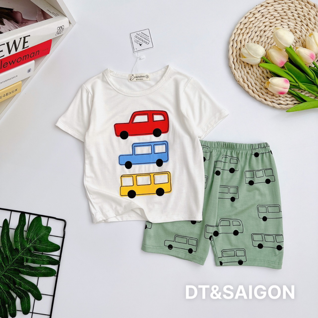 Bộ thun lạnh cộc tay cho bé trai, bé gái Pekaboo hình ô tô khủng long mới nhất