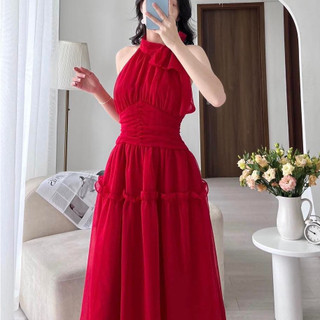 MEET - Đầm Đỏ Tơ Cổ Yếm