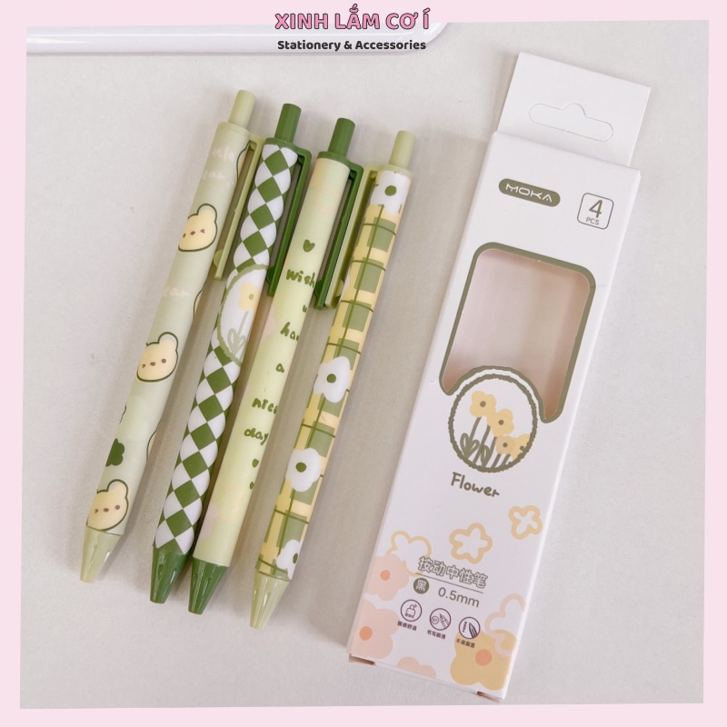 Sét 4 bút  Moka mực Gel Đen 0.5mm in hình hoa xinh xắn