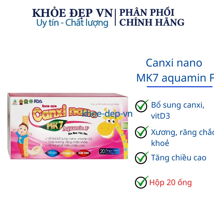Canxi nano MK7 aquamin F sữa non yến sào giúp bổ sung canxi, vitamin D, giảm nguy cơ còi xương - Hộp 20 ống