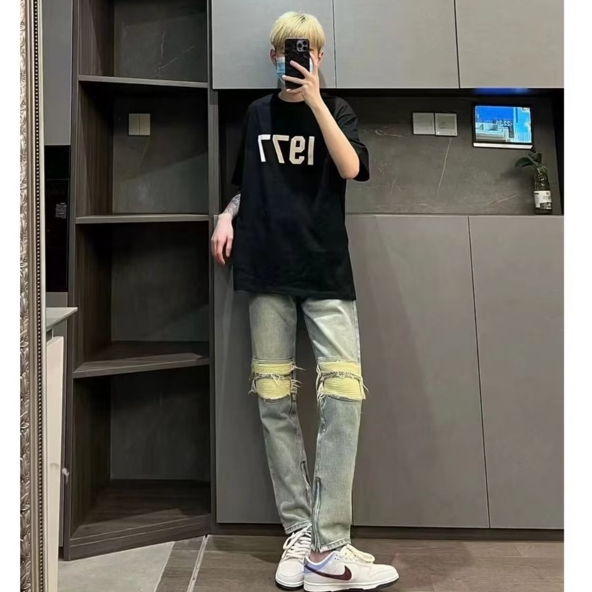 Quần Like_Auth AMIRI Xanh Vá Da Nhăn Bản Chuẩn 4 Khuy - Quần bò nam Amiri slimfit 4 cúc bản like_Au xanh sẫm | BigBuy360 - bigbuy360.vn