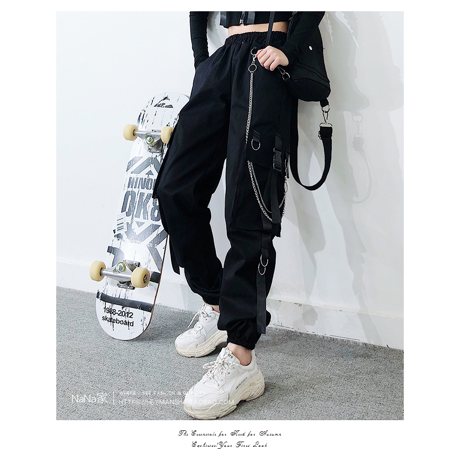 Quần Dài Hip Hop Lưng Cao Dáng Rộng Mỏng Q041 Quần jogger bo gấu Có Dây Xích Phong Cách Harajuku Hàn Quốc Cho Nữ