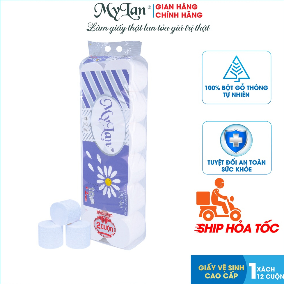 DÂY 12 cuộn, Giấy Vệ Sinh cao cấp Mylan hoa cúc 4 lớp