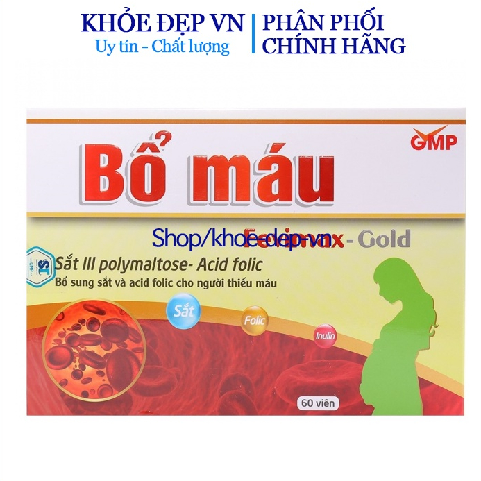 Viên uống Bổ máu Fevimax Gold bổ sung Sắt, Acid Folic cho người thiếu máu, phụ nữ mang thai và cho con bú - Hộp 60 viên