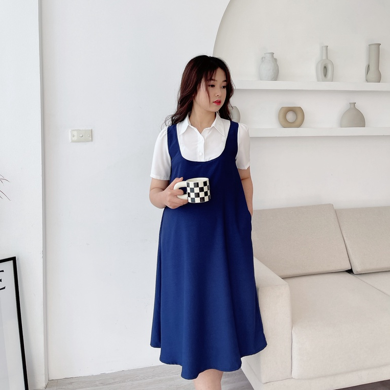 Đầm bầu công sở đẹp MISS RITA dạng yếm liền áo Xanh than pha cổ đức trắng cộc tay thiết kế