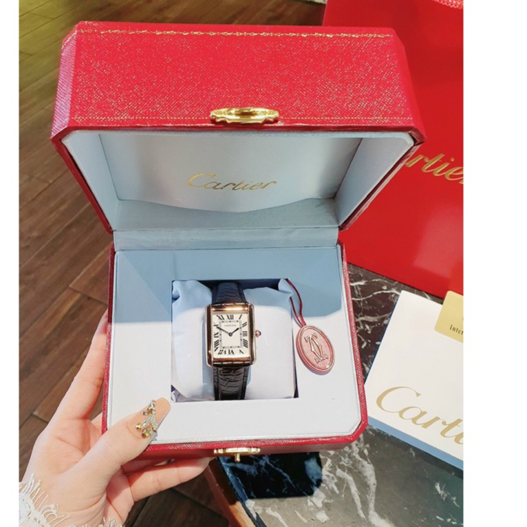 Đồng hồ nữ, đồng hồ đeo tay nữ CARTIER dây da đen thời trang, mặt chữ nhật, máy pin Nhật cao cấp, giá re
