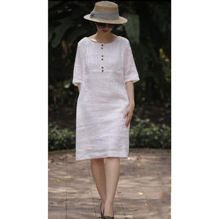 Đầm suông Linen Hàn tay lỡ cổ tròn xếp ly ngực, vải Linen mềm mát dày dặn.