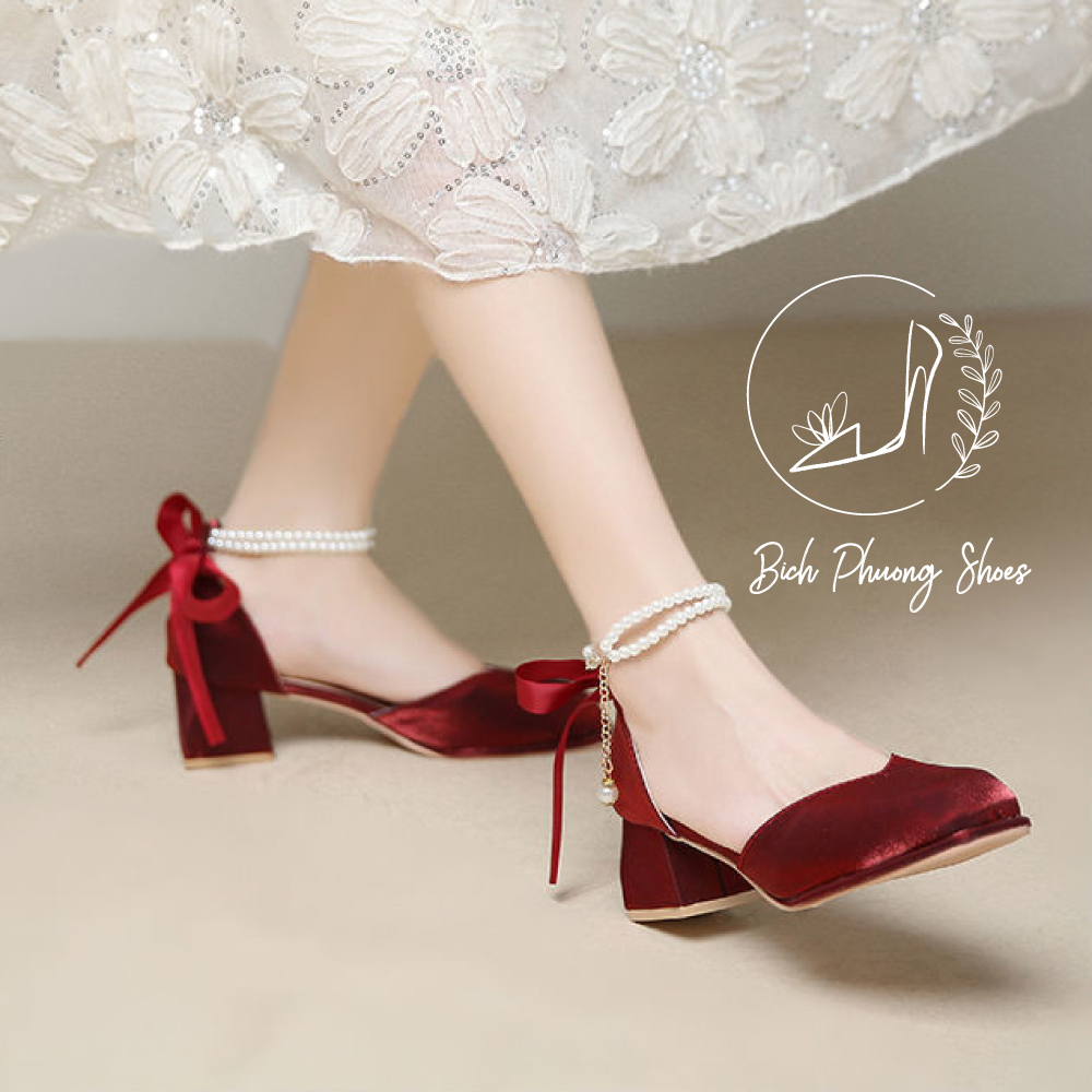 Giày búp bê nhung đỏ gót vuông 5cm quai ngọc bichphuongshoes